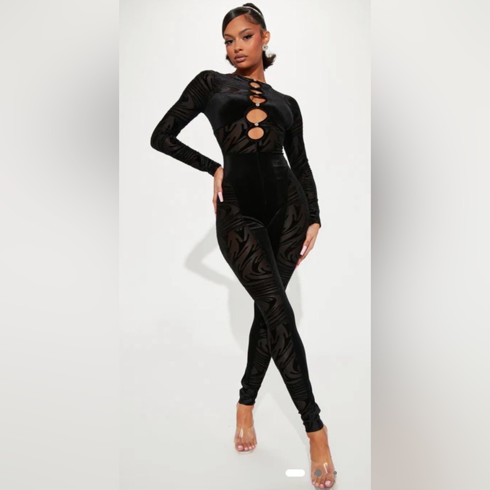 Black Velvet Burnout Cutout Jumpsuit Clubwear Bodysuit Catsuit